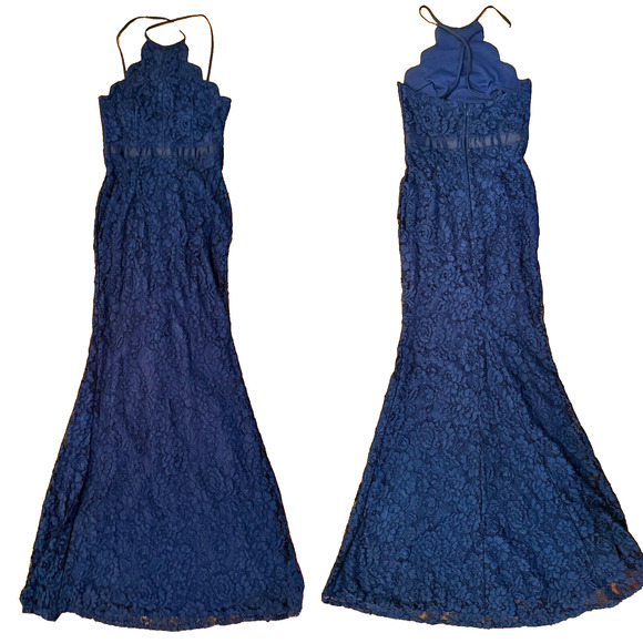 Lulu's Zenith Navy Blue Lace Scalloped Halter Maxi Dress Formal Prom Size S - Picture 1 of 14